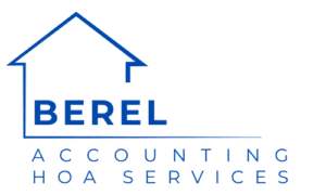 Blue Berel Accounting HOA Services logo featuring a stylized house outline surrounding the company name, symbolizing reliable financial management and community support.