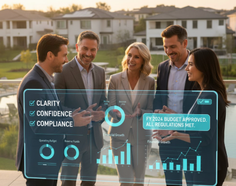 Five diverse business professionals discussing financial data with holographic projections showing budget approval, clarity, confidence, and compliance metrics outdoors.