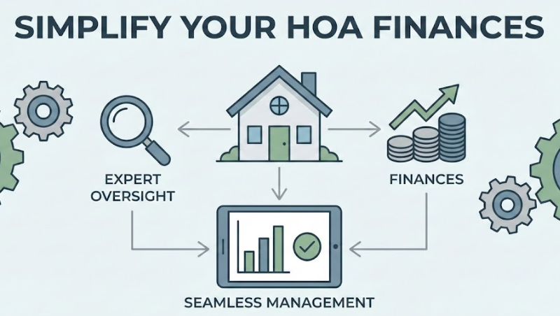 Illustration detailing how to simplify HOA finances through expert oversight, effective financial management, and seamless digital property solutions.