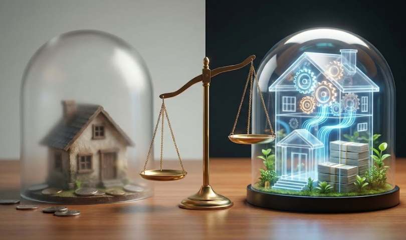A scale balances traditional real estate (house and coins) against modern smart home investment (digital house and cash), showing evolving value.