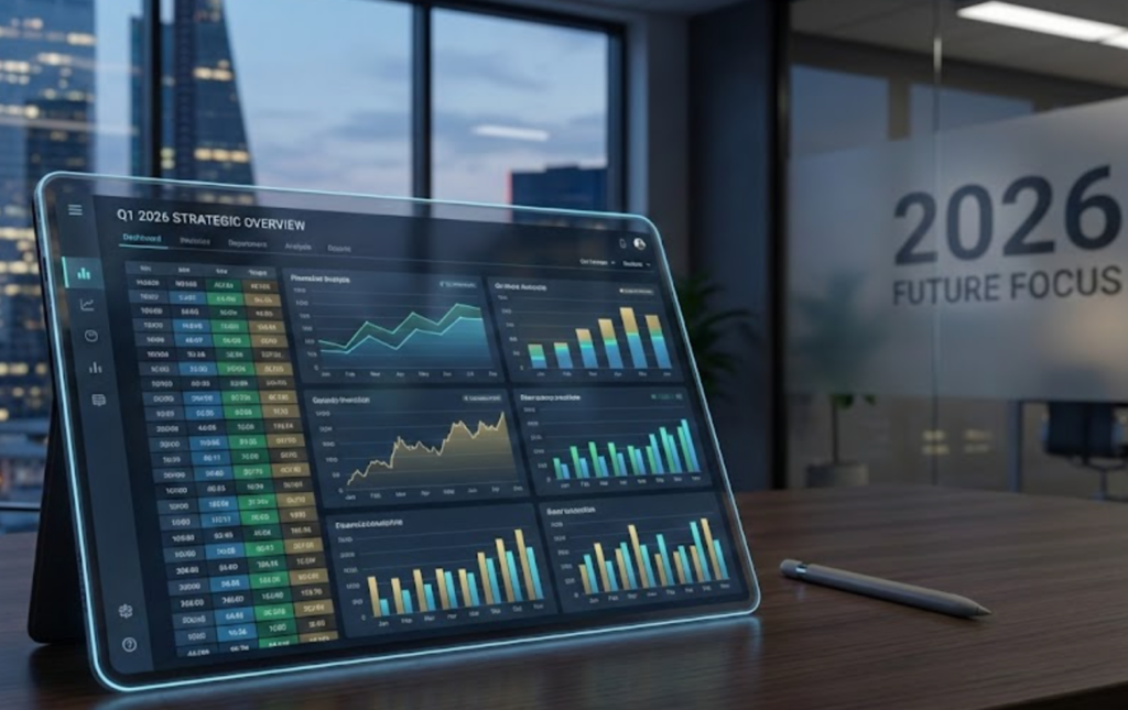 Digital tablet displaying a Q1 2026 strategic overview business dashboard with financial charts and graphs for future focus in a modern office.
